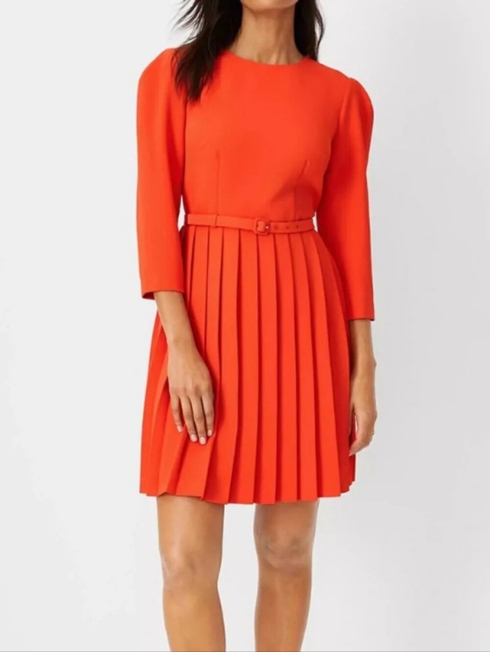Ann Taylor Pleated Belted Midi Dress in Bright Orange
